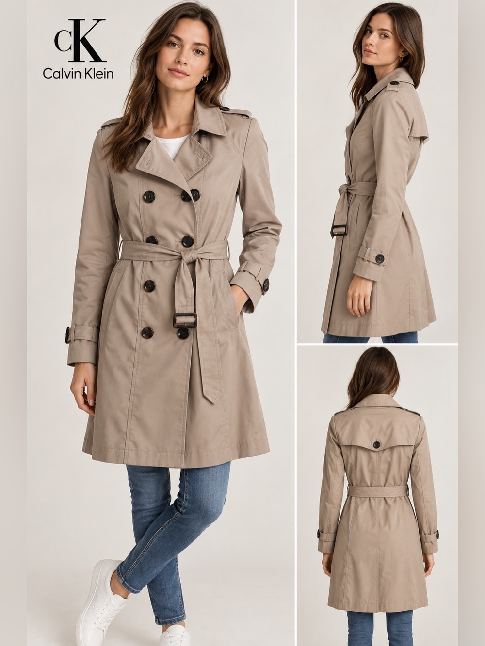 Calvin Klein Beige Double-Breasted Trench Coat with Belt